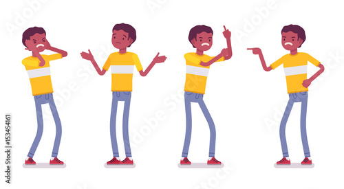 Set of black or african american young man, negative emotions