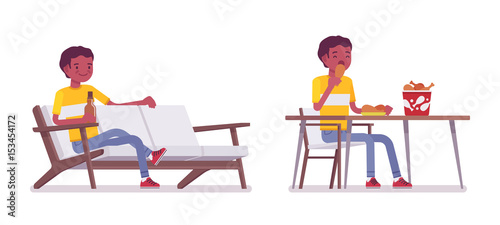 Set of black or african american young man eating and relaxing