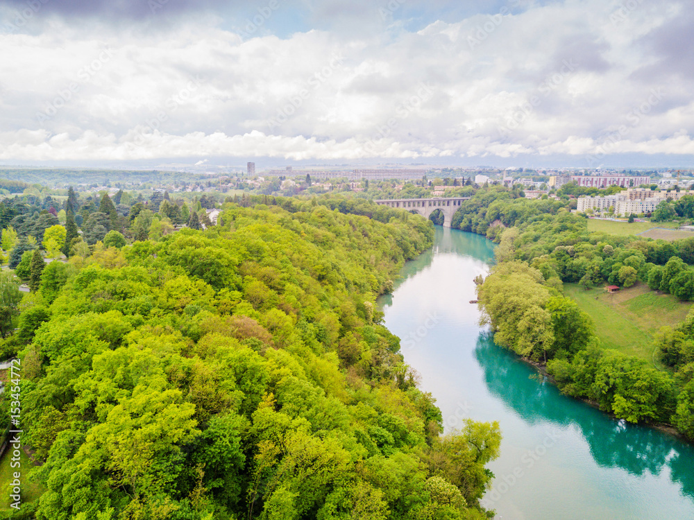Nature, Amazing Aerial View of Arve an Rhone River confluent in Geneva Switzerland