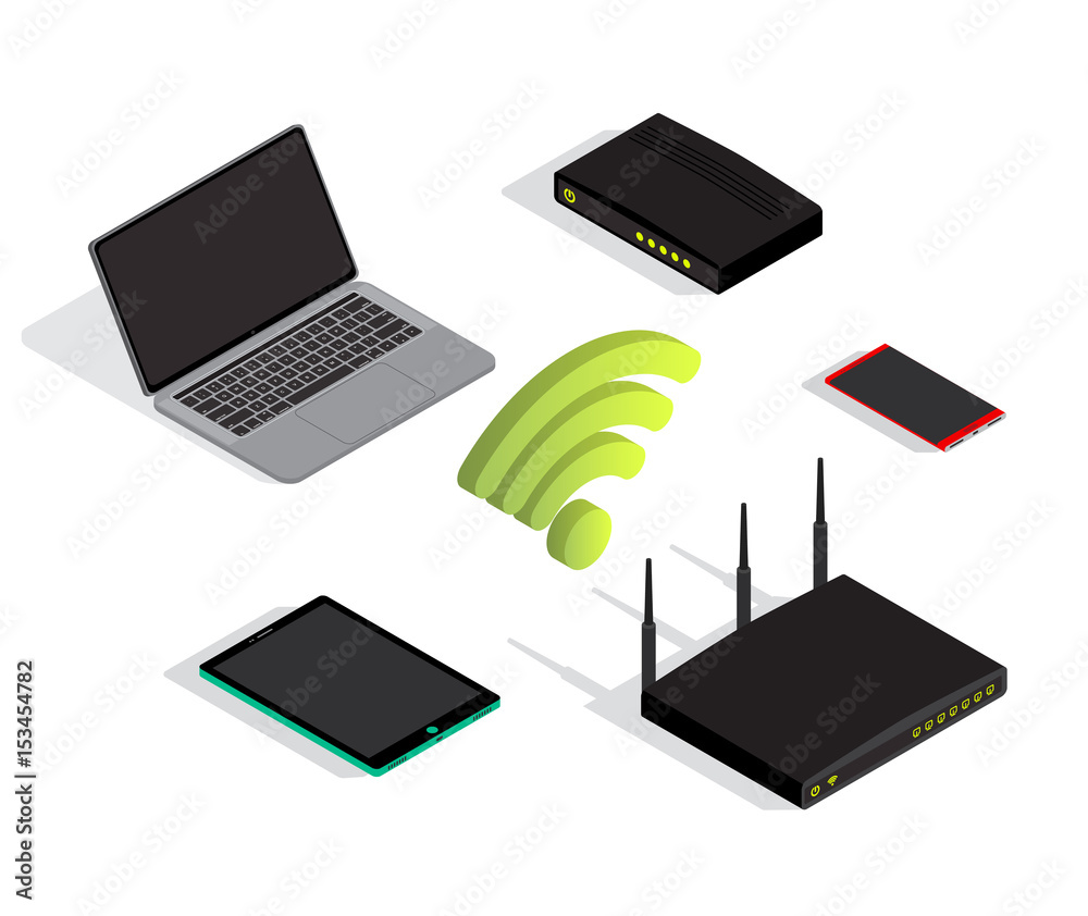Wifi network isometric devices, vector illustration. Laptop, smartphone  tablet modem, router devices, wifi connection icon. Stock Vector | Adobe  Stock