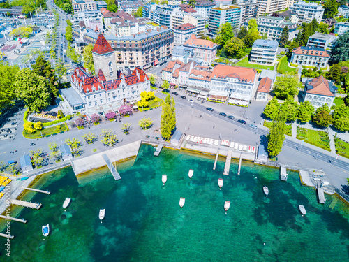 Aerial Panoramic View of Ouchy Waterfront in Lausanne, Switzerland, Horizontal View