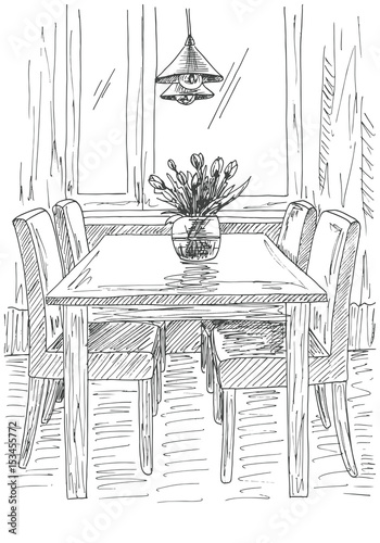 Table and chairs. On the table vase of flowers. Vector illustration. Hand drawn.