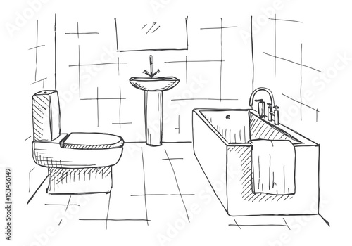 Hand drawn sketch. Linear sketch of an interior. Part of the bathroom. Vector illustration