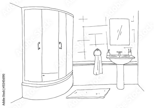 Hand drawn sketch. Linear sketch of an interior. Part of the bathroom. Vector illustration