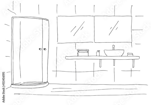 Hand drawn sketch. Linear sketch of an interior. Part of the bathroom. Vector illustration