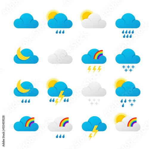 Meteorology signs and weather. Clouds, lightning, rain, snow, wind and sun icons. Vector illustration