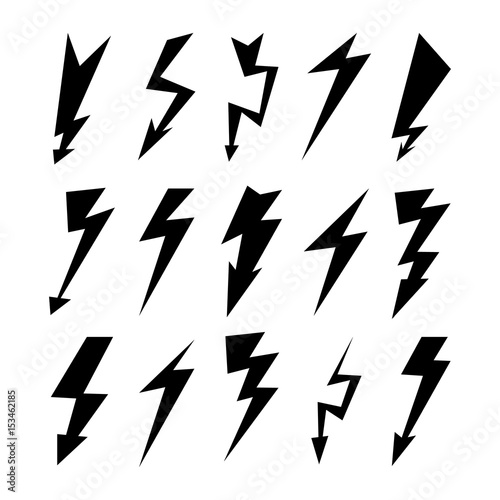 Lightning Icon Set. Electricity Thunder, Danger Symbol. Lightning Strike. Flash Black Icons Isolated On White. Storm Lightning Silhouettes. Vector Illustration.