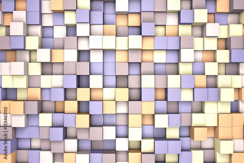 Fototapeta premium 3d illustration: mosaic abstract background, colored blocks purple - violet - brown - beige color. Range of shades. Wall of cubes. Pixels art.