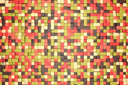 3d illustration  mosaic abstract background  colored blocks brown  red  pink  green  beige  yellow color. fall  autumn. Range of shades. small squares  cell. Wall of cubes. Pixels art.