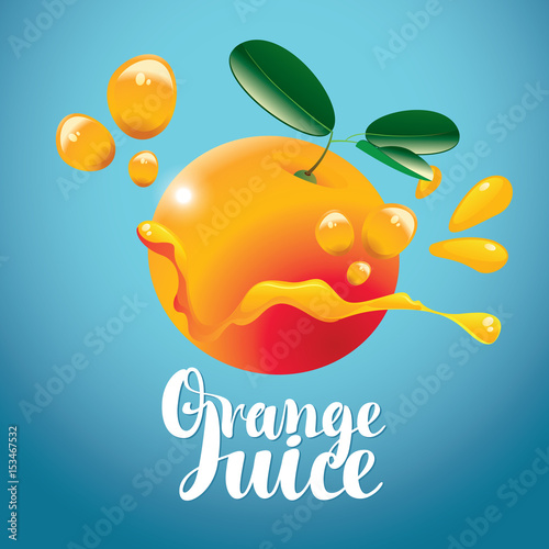 vector banner with orange fruit, juice drops and inscription orange juice on blue background