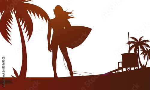 Frau mit Surfbrett - Silhouette in Braun