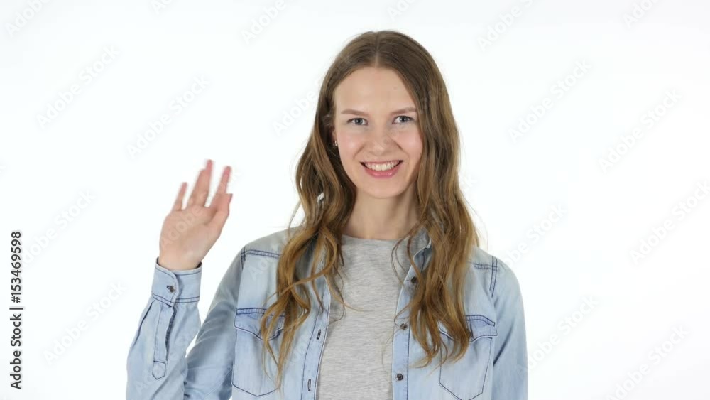 Waving Hand to Welcome, Beautiful Woman on White Background Waving Hand to Welcome, Beautiful Woman on White Background