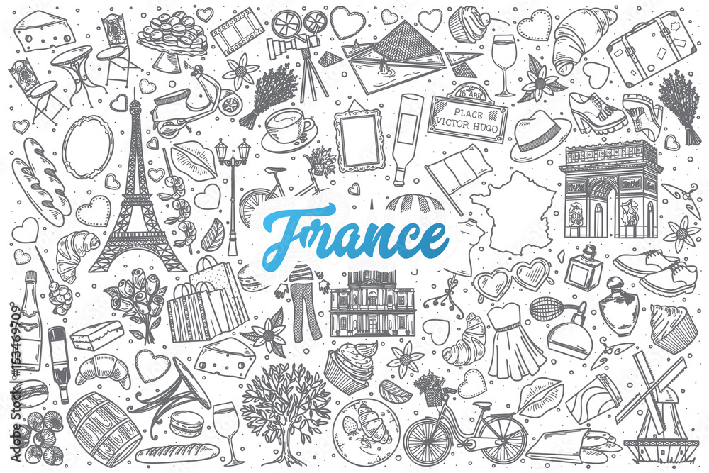 Hand drawn France doodle set background with blue lettering in vector