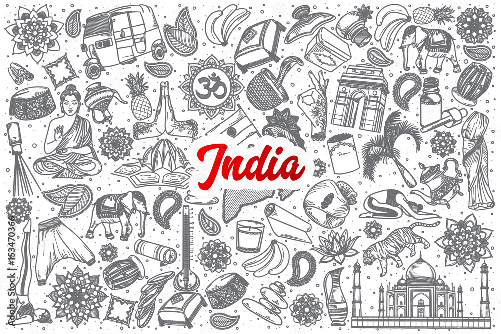 Hand drawn India doodle set background with red lettering in vector