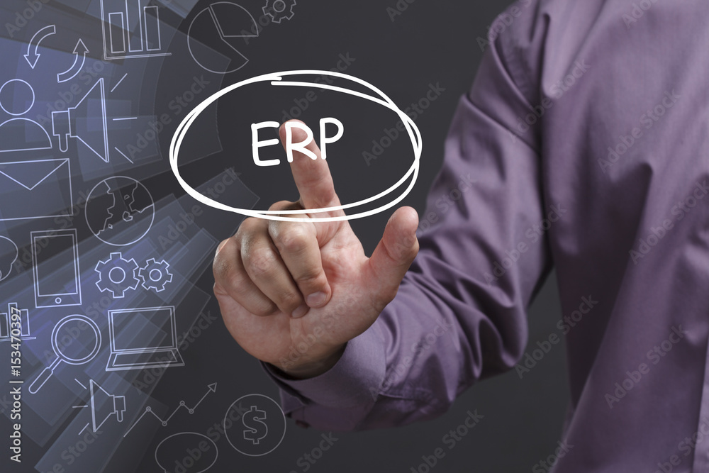 Business, Technology, Internet and network concept. Young businessman shows the word: ERP Business, Technology, Internet and network concept. Young businessman shows the word: ERP