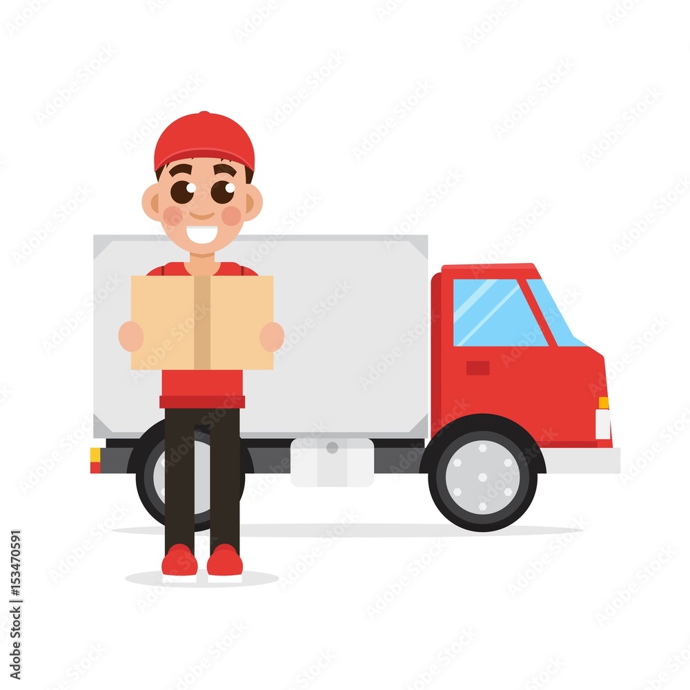  Track or van and delivery man. Vector illustration.