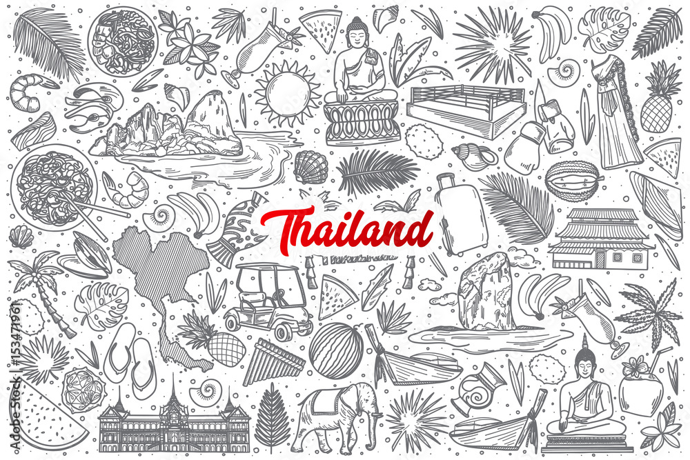 Obraz premium Hand drawn Thailand doodle set background with red lettering in vector
