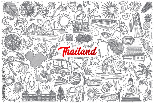 Hand drawn Thailand doodle set background with red lettering in vector