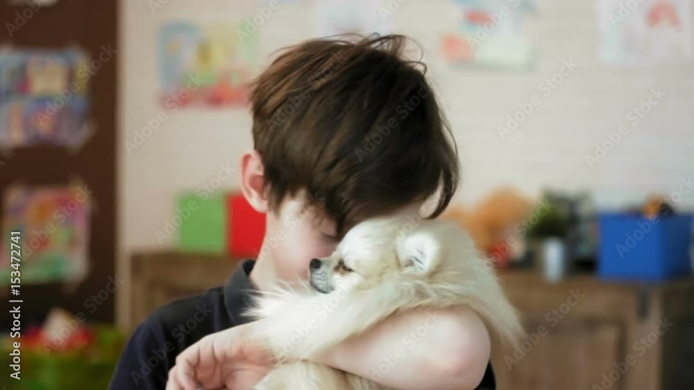 Portrait of a cute little boy hugging his little dog smiling and looking at the camera Portrait of a cute little boy hugging his little dog smiling and looking at the camera
