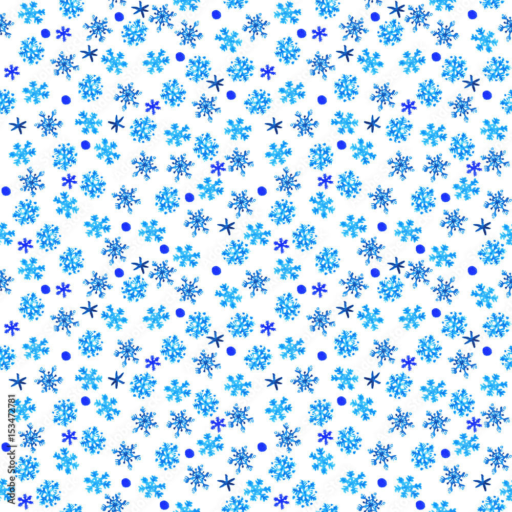 Watercolor painted blue snowflakes seamless pattern on white background. Xmas elements. Nice for wrapping paper fabric background decoration. Watercolor painted blue snowflakes seamless pattern on white background. Xmas elements. Nice for wrapping paper fabric background decoration.