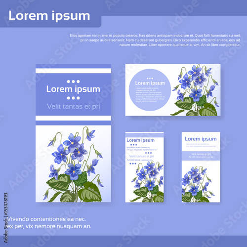 A group of postcards with a floral print in the form of a bouquet of violets and a place for text.