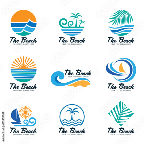 The beach logo with sea wave , coconut leaf , boat and sun vector set design