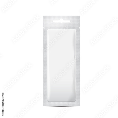 White Foil Pouch Sachet Bag Packaging for Cosmetics, Medicine Drugs, Food Product. Vector Realistic Mock Up Template