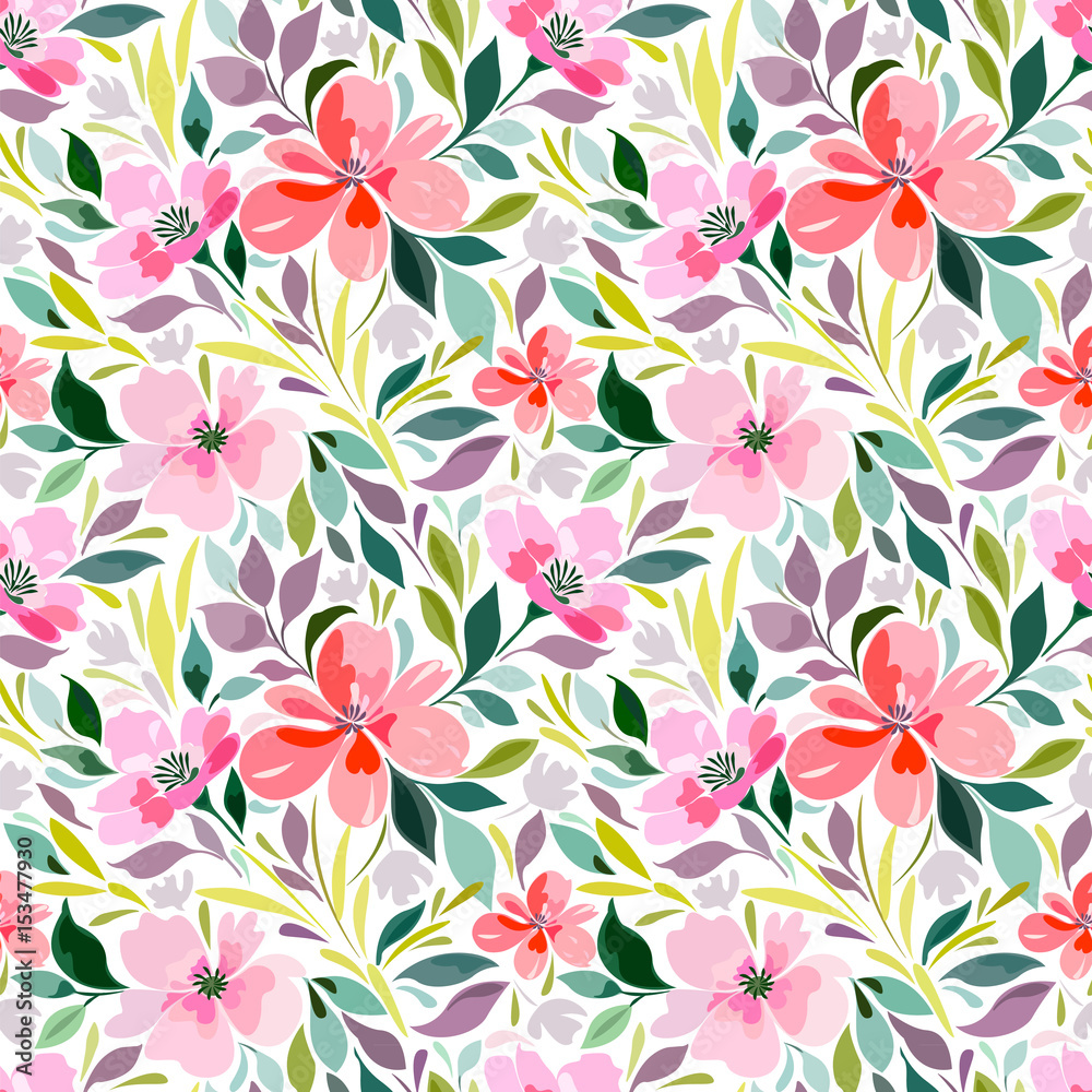  Seamless pattern with floral print, bright summer pattern, flowers, foliage..