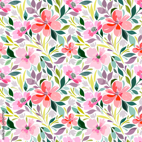  Seamless pattern with floral print, bright summer pattern, flowers, foliage..