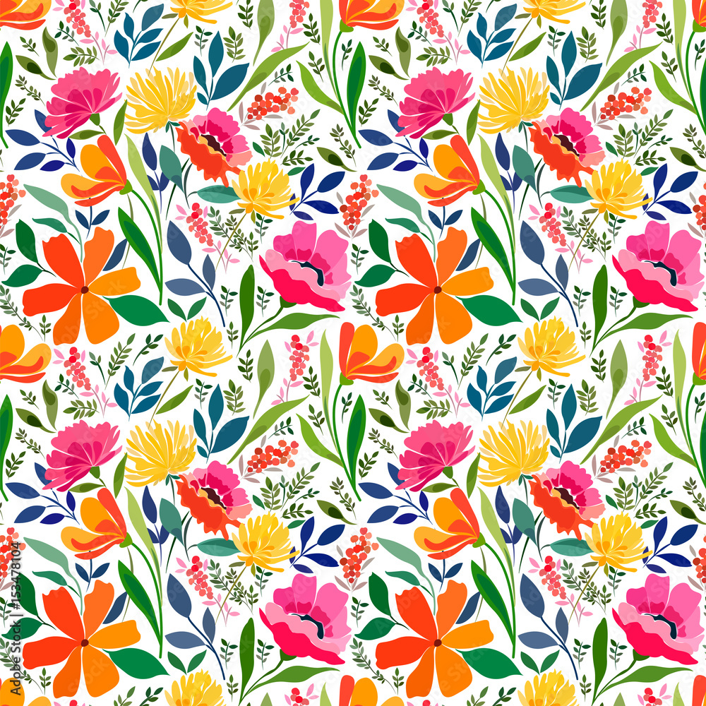Seamless pattern with bright summer meadow flowers, Floral ornament.