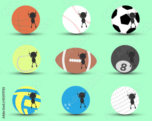 Black man character cartoon hang and clutch sports ball to prevent to falling down with green background. Flat graphic. logo design. sports cartoon. sports balls vector. illustration.