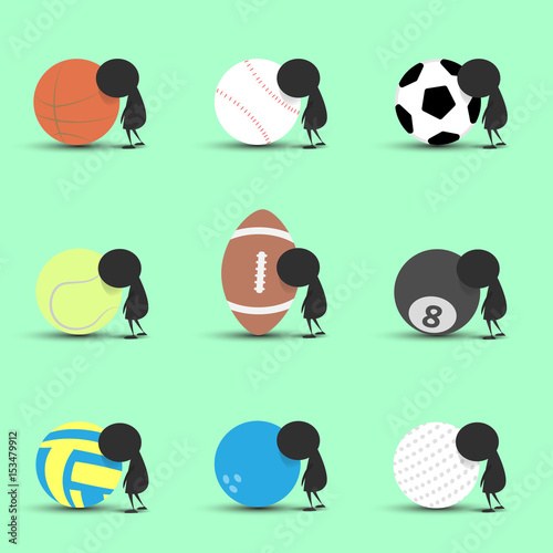 Black man character cartoon sad and recline to sports ball with green background. Flat graphic. logo design. sports cartoon. sports balls vector. illustration.