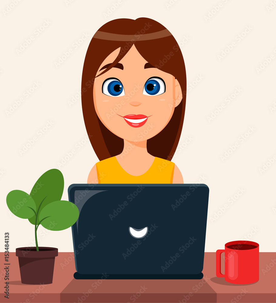 Business woman entrepreneur working on a laptop computer at her office  desk. Cute cartoon character. Modern color vector illustration. Stock  Vector | Adobe Stock