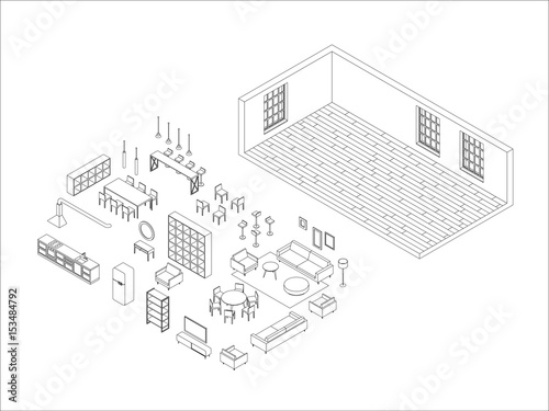 Line furniture set in isometric view