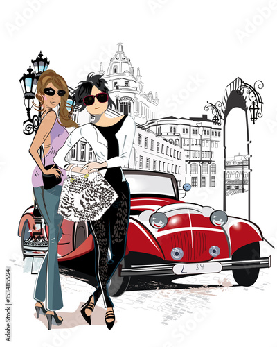 Series of the streets with people in the old city. Fashion girls and a red retro car. 