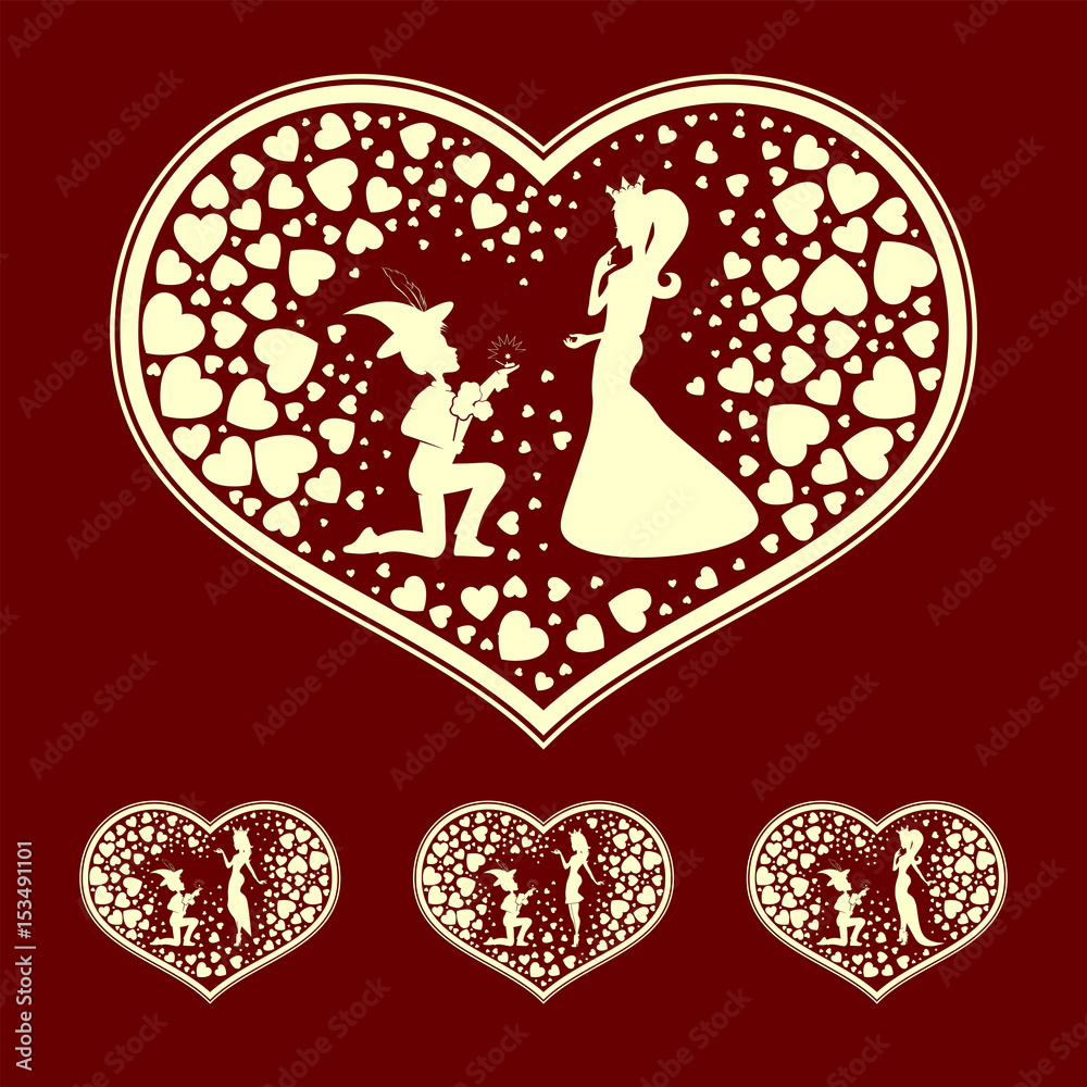 the silhouettes of the heart with the Prince and Princess, retro, set