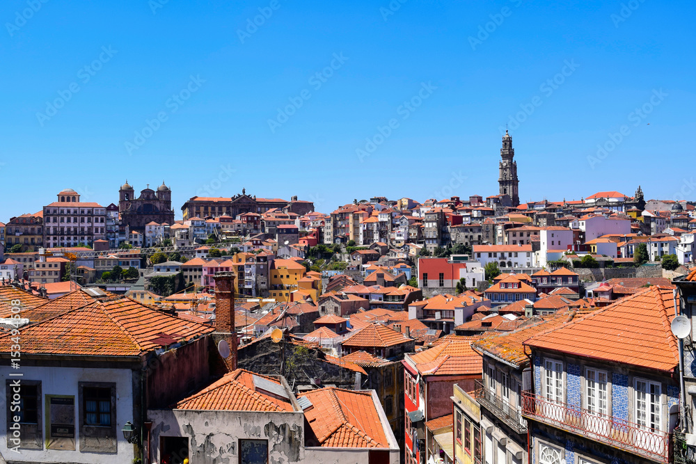 Towers and churches over the orange rooftops of Porto, Portugal
