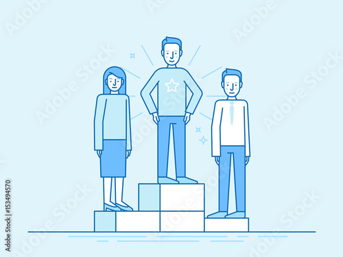 Vector illustration in trendy flat linear style in blue colour - business competition winner