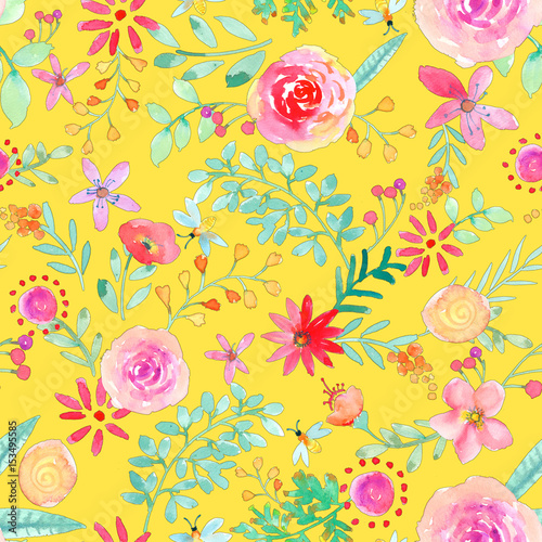 Watercolor hand painted rose floral seamless pattern