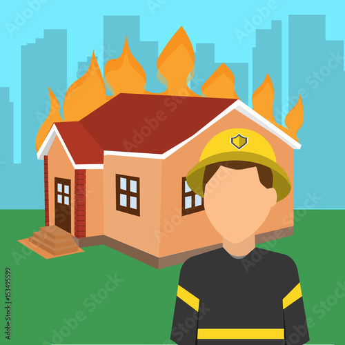 Fireman in front of a burning house
