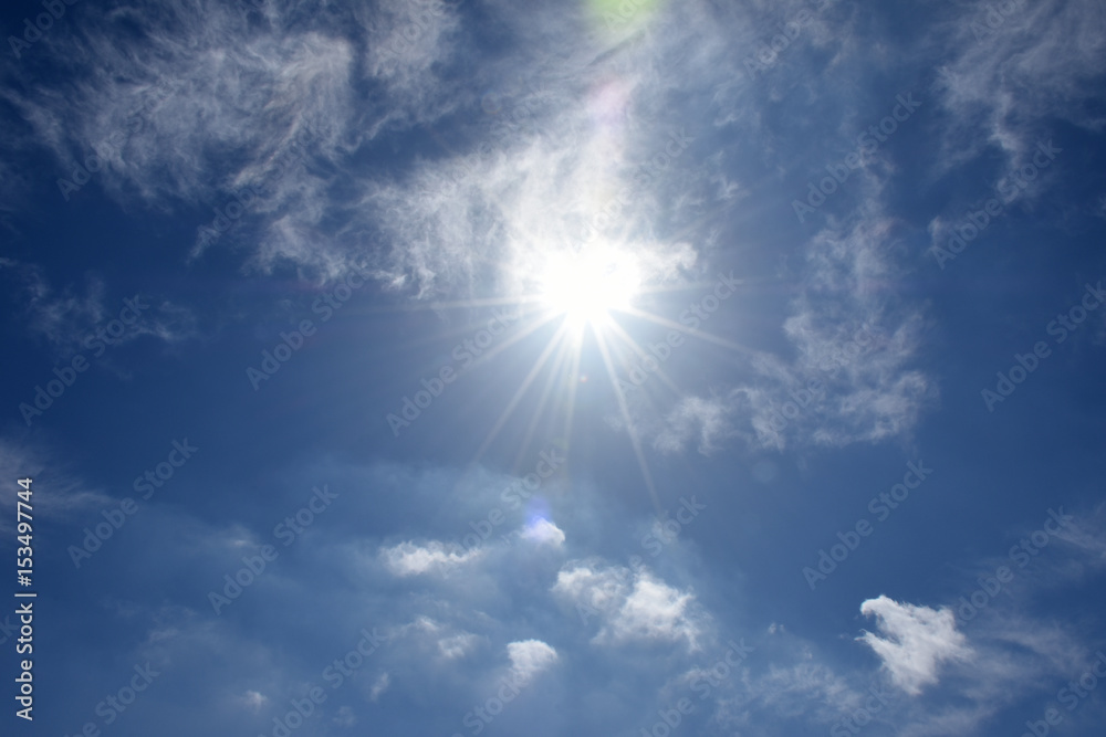 輝く太陽と青空 空想 太陽の熱でとけだした仲間を見つめるモンスター 右下 や 何かが出現するのを見つめるモンスター などのさまざまなイメージを想起させるシーン 暑い 熱 日差し 紫外線 可能性 変化 成功 企業の成功 輝き 眼差しなどのイメージ