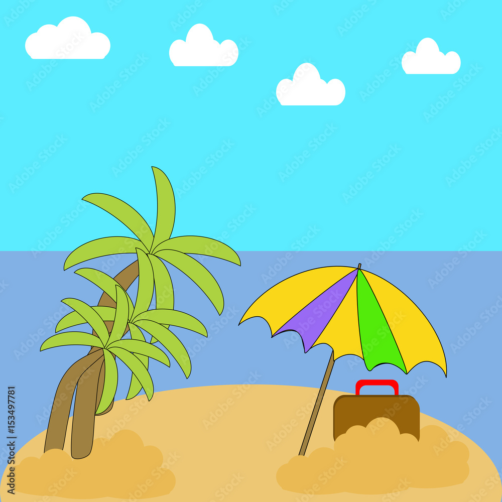 A vacation on a beach with palm trees, Ocean, sky and clouds with Umbrella, suitcase and beach toys.