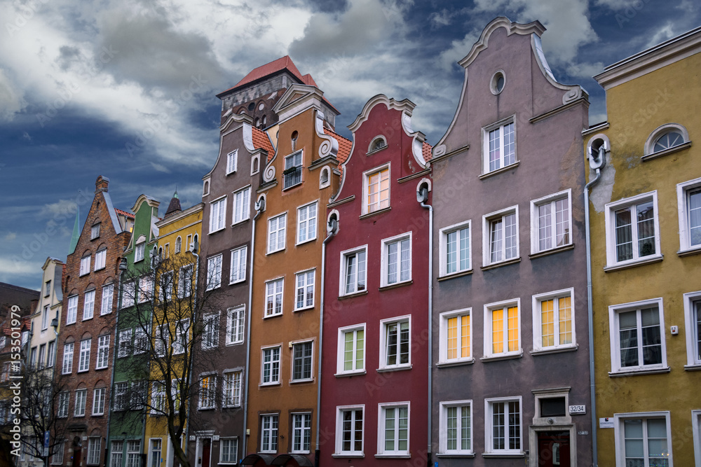 Colourful building frontages in Gdansk old town in Poland