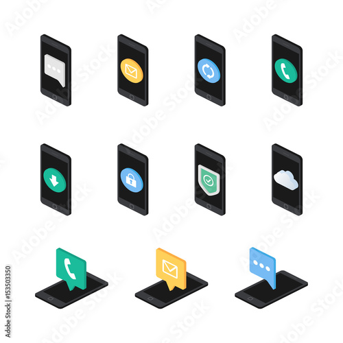 Set of isometric smartphones with icons