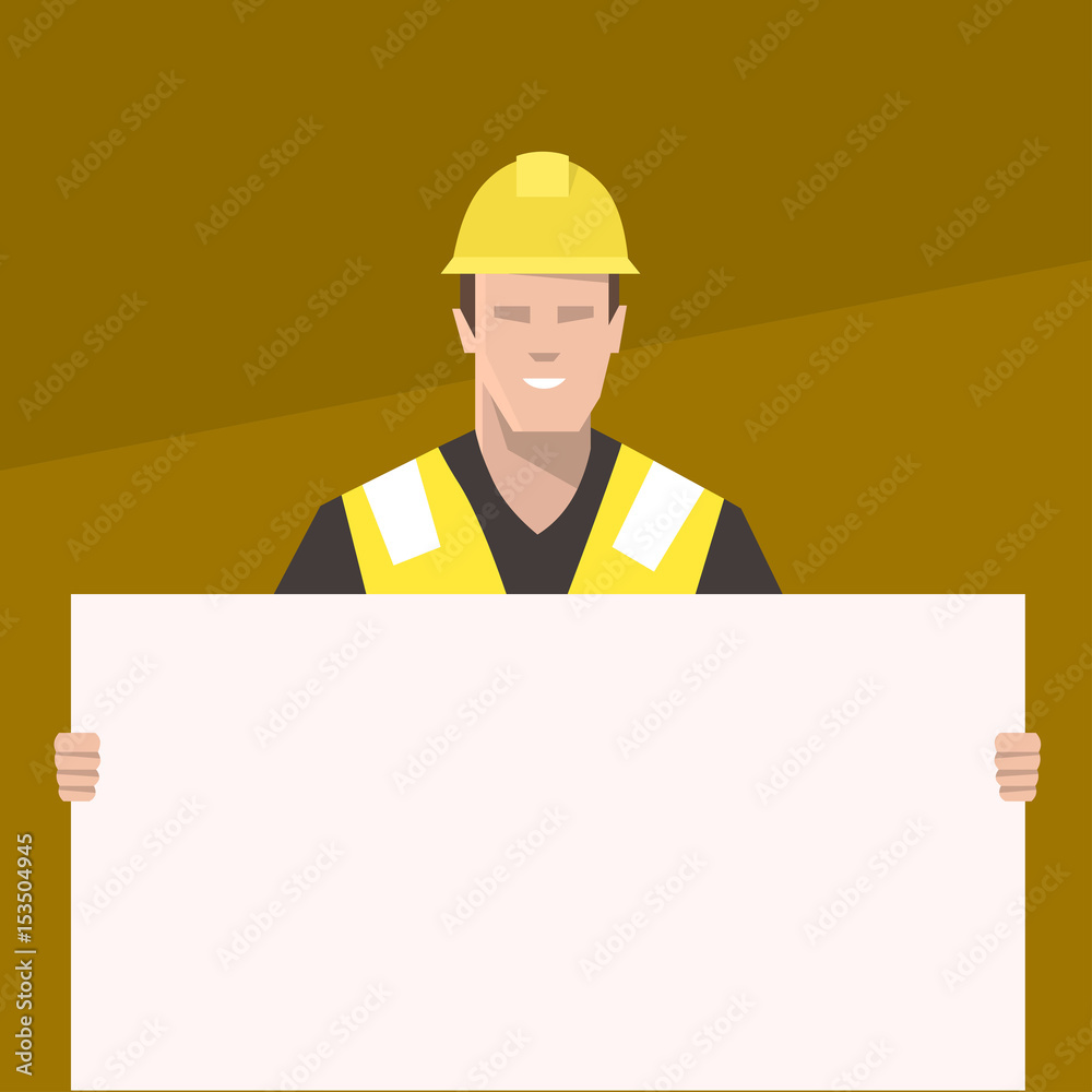 Construction worker holding a blank sign. Flat vector illustration. Construction worker holding a blank sign. Flat vector illustration.