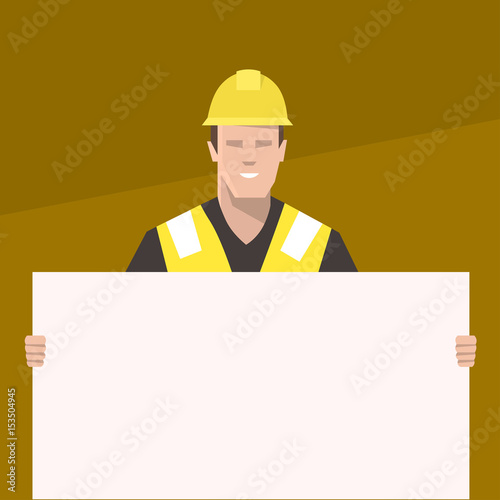 Construction worker holding a blank sign. Flat vector illustration.