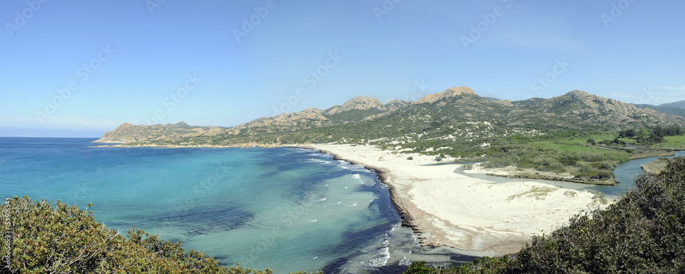 Panoramic  view of Ostriconi beach and Desert des Agriates in Corsica