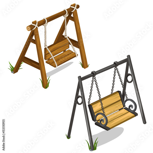 Vintage wooden and forged swing outdoors. Vector