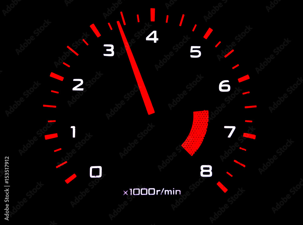 Car tachometer close up isolated on black. High turns of the engine. Acceleration concept. Car tachometer close up isolated on black. High turns of the engine. Acceleration concept.