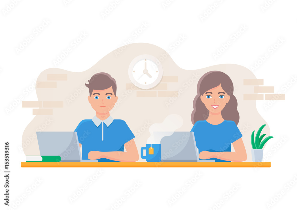 Vector illustration of man and woman working in office